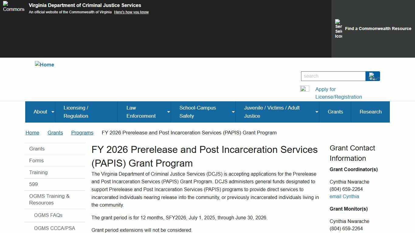 FY 2026 Prerelease and Post Incarceration Services (PAPIS) Grant Program Virginia Department of Criminal Justice Services